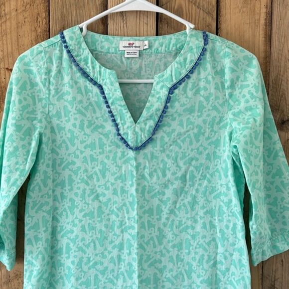 Vineyard Vines Girls Anchors Print Pom Pom 3/4 Sleeve Tunic‎ Top Cover Up Size L - Picture 1 of 14